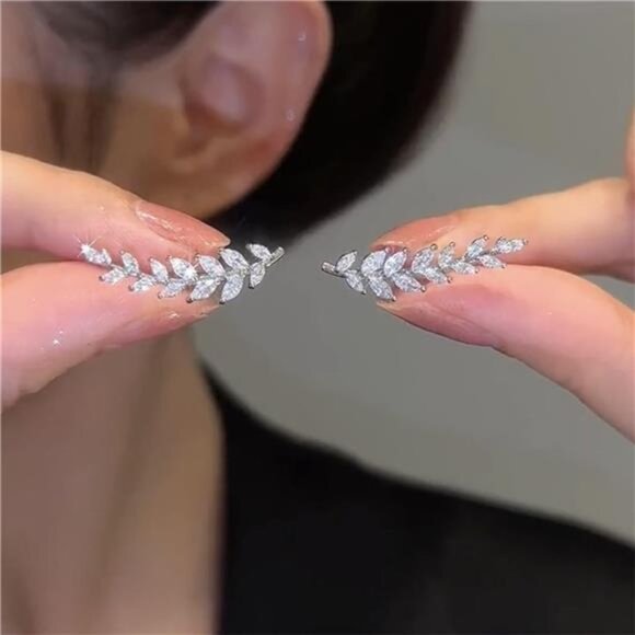 Elegant Leaf Earrings | Zirconia Crawler & Climber Style | Gold or Silver - Picture 3 of 5